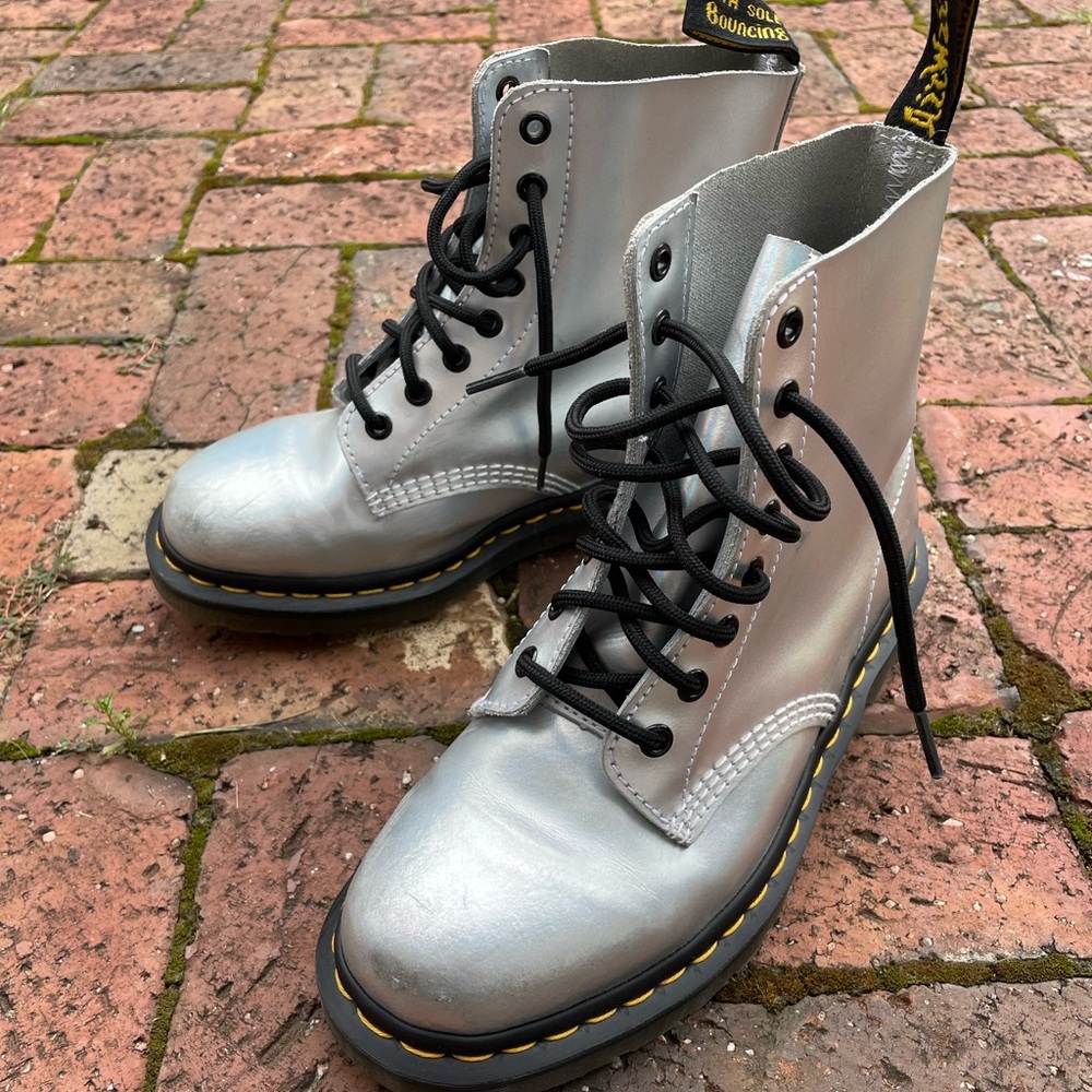 Dr. Martens Pascal women's 8 silver holographic 8-hole boots